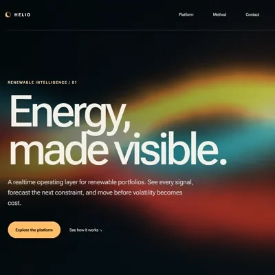 Helio landing page with flowing amber, red, and cyan energy fields